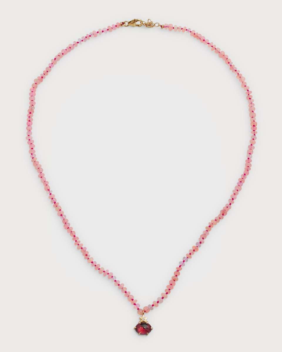 Pink Ethiopian Opal Beaded Necklace with Diamond Garnet Rhodolite Charm